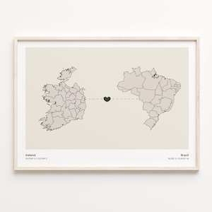Irland-Brasilien-Druck, brasilianisches Geschenk, minimalistisches Landverbindungskarten-Poster, Reise-Wandkunst, Länder-Herzkarte, C21-1020