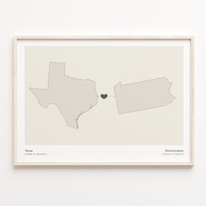 Texas naar Pennsylvania Print, Pennsylvanian Gift, Minimalistische State Connection Map Poster, Travel Wall Art, Farewell Journey Map, C21-1285