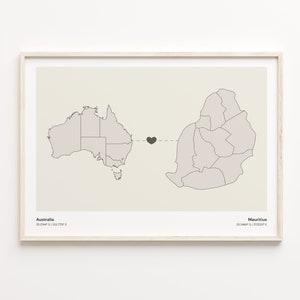 Australia to Mauritius Print, Mauritanian Gift, Minimalistic Country Connection Map Poster, Travel Wall Art, Global Love, C21-913
