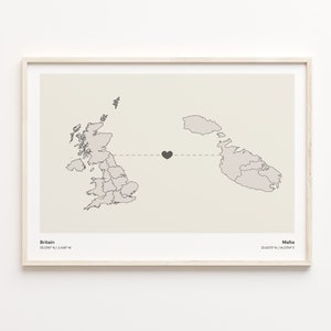 Britain to Malta Print, Maltese Gift, Minimalistic Country Connection Map Poster, United Kingdom Art, Home Abroad Gift, C21-314