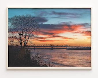 Memphis Sunset Print: Mississippi River Bridge Photo, Colorful Wall Art