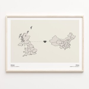 Impression de la Grande-Bretagne vers la Chine, cadeau chinois, affiche de carte minimaliste de connexion de pays, art du Royaume-Uni, carte éloignée, C21-237