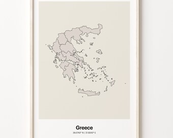 May include: A beige minimalist poster with a black outline map of Greece. The map shows the regions of Greece. The poster has the text "Greece" and the coordinates "39.0742° N / 21.8243° E" printed below the map.