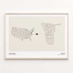 Impressão dos Estados Unidos à Namíbia, presente da Namíbia, pôster de mapa de conexão de país minimalista, arte de parede dos EUA, presente de coração de países, C21-128