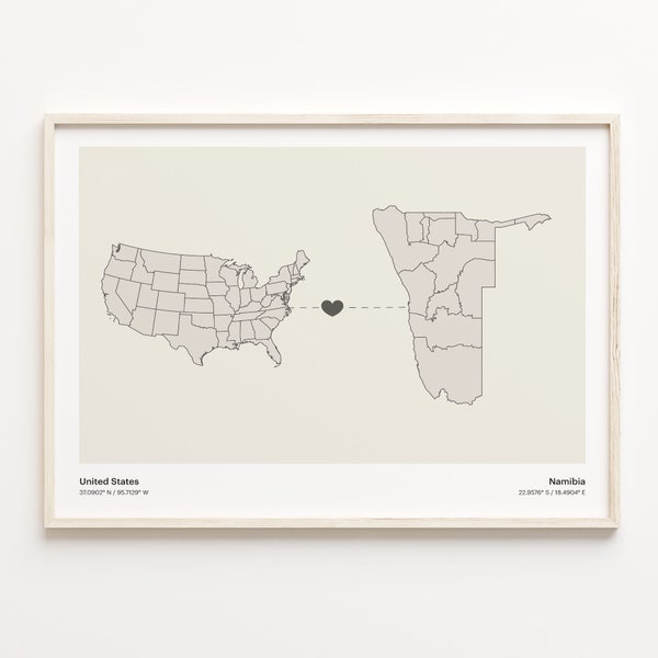 United States to Namibia Print, Namibian Gift, Minimalistic Country Connection Map Poster, USA Wall Art, Countries Heart Gift, C21-128
