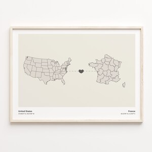 USA - Frankreich Druck, Minimalistische Landkarte Poster, USA Wandkunst, Expat, C21-61