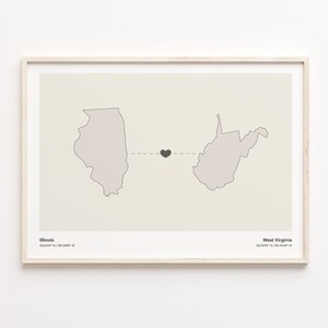 Illinois to West Virginia Print, West Virginian Gift, Minimalistic State Connection Map Poster, Travel Wall Art, Expatriate Gift, C21-1505