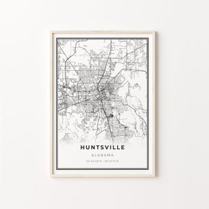 Huntsville Print, Stadt Karte Kunst Poster, Alabama AL USA, Wand Kunst Dekor, Moderner Schwarz Weiß Stil, Skandinavische Drucke, C13-18