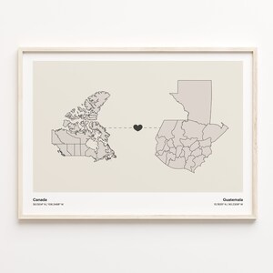 Impresión de Canadá a Guatemala, regalo guameño, cartel minimalista del mapa de conexión del país, arte de la pared de viaje, mapa en vivo en el extranjero, C21-669
