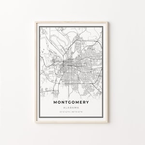 Impresión de Montgomery, cartel de arte del mapa de la ciudad, Alabama AL USA, decoración de arte de la pared, estilo moderno en blanco y negro, cartel de la sala de estar, C13-132