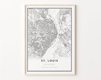 May include: A black and white map print of St. Louis, Missouri with the city's name and coordinates printed below the map.