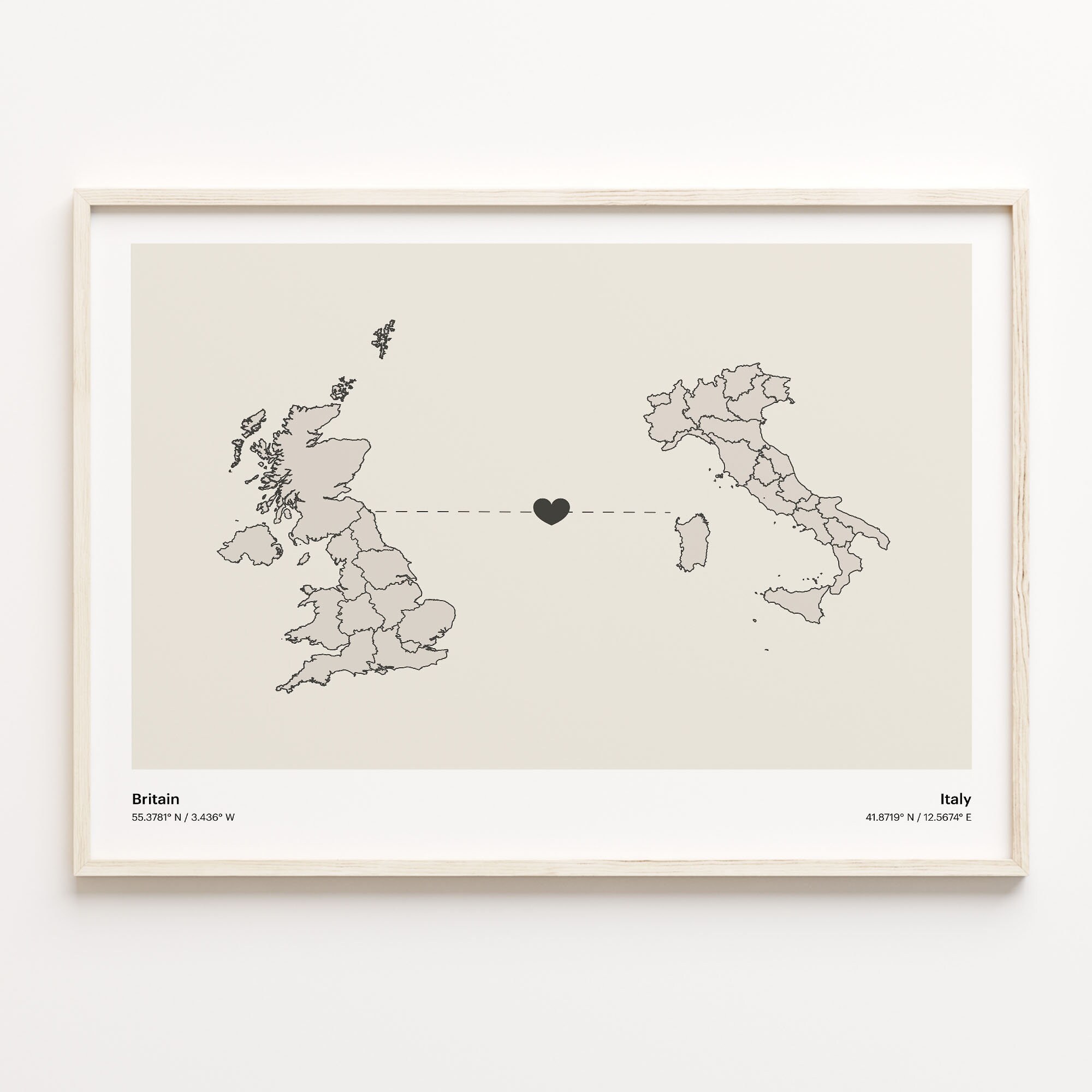 Britain to Italy Print, Italian Gift, Minimalistic Country Connection Map Poster, United Kingdom Art, Welcome Home Map, C21-288