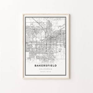 Bakersfield Print, City Map Art Poster, California CA USA, Wall Art Decor, Modern Black and White Style, Bedroom Prints, C13-147