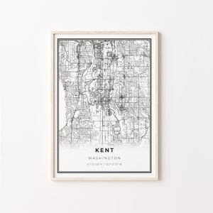 Kent Print, City Map Art Poster, Washington WA USA, Wall Art Decor, Modern Black and White Style, Travel Print, C13-24
