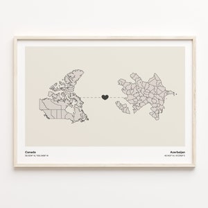 Kanada nach Aserbaidschan Druck, aserbaidschanisches Geschenk, minimalistisches Landverbindungskarten-Poster, Reise-Wandkunst, Umzugsgeschenk nach Übersee, C21-608