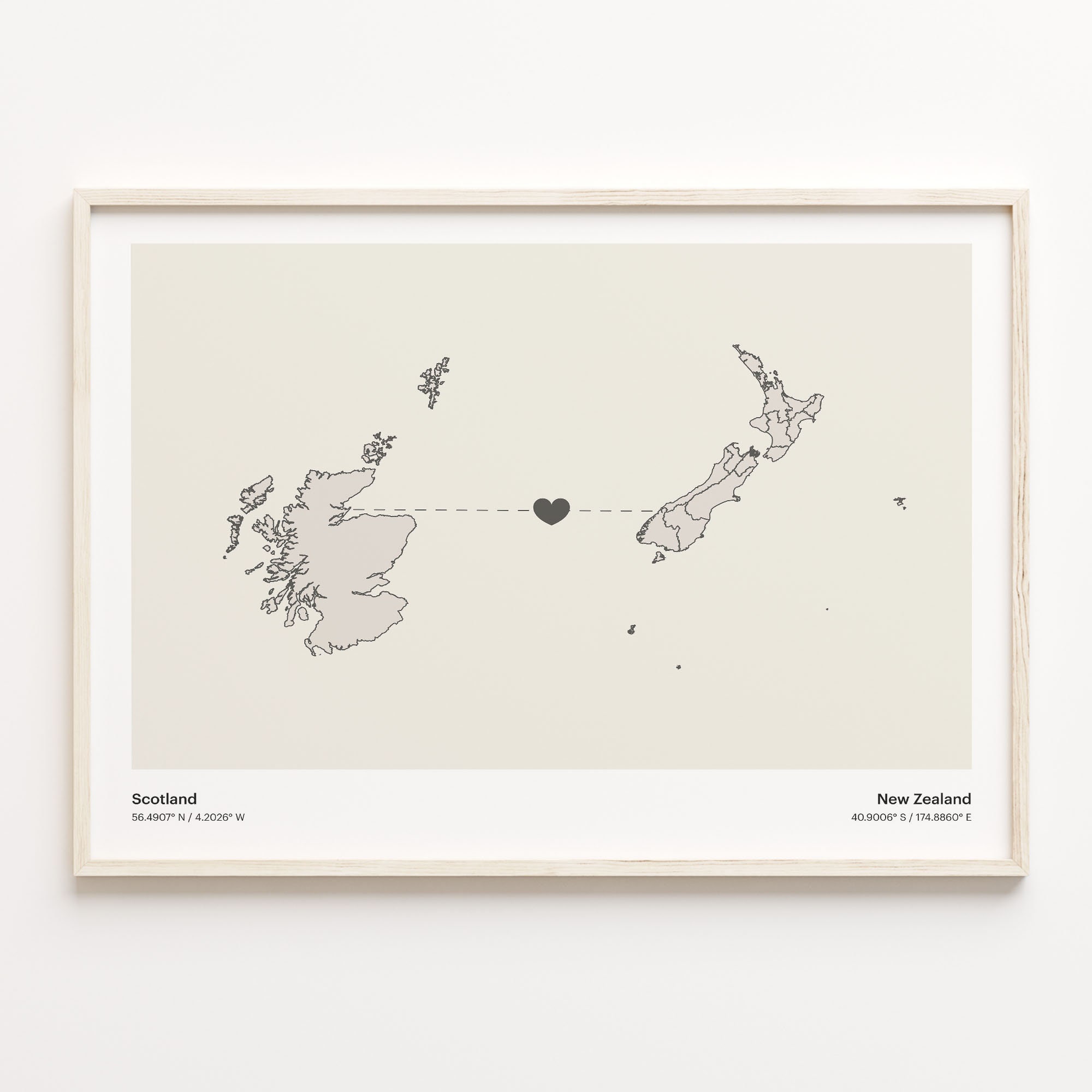 Scotland to New Zealand Print, New Zealander Gift, Minimalistic Connection Map Poster, Travel Wall Art, Far Apart, C21-1720