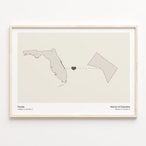Florida naar District of Columbia Print, Washingtonian Gift, Minimalistische State Connection Map Poster, Travel Wall Art, Expatriate, C21-1306