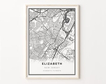 Elizabeth NJ Map Art Print: Modern Black and White City Poster
