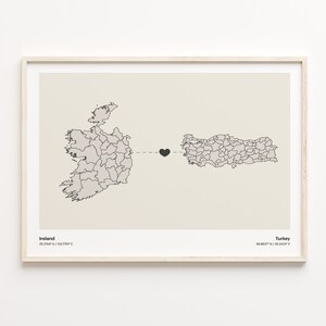 Ireland to Turkey Print, Tunisian Gift, Minimalistic Country Connection Map Poster, Travel Wall Art, Welcome Home Map, C21-1179