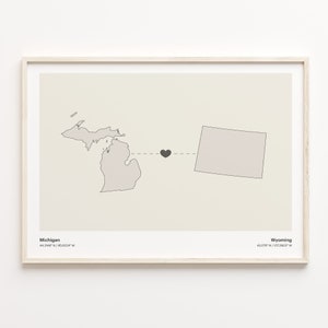 Michigan to Wyoming Print, Wyomingite Gift, Minimalistic State Connection Map Poster, Travel Wall Art, Faraway Love, C21-1714