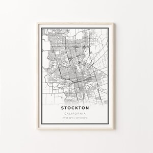 Stockton Print, City Map Art Poster, California CA USA, Wall Art Decor, Estilo moderno en blanco y negro, Arte escandinavo, C13-302