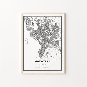 Impressão de Mazatlan, pôster de arte de mapa da cidade, México, decoração de arte de parede, estilo moderno preto e branco, arte de parede de escritório, C13-677