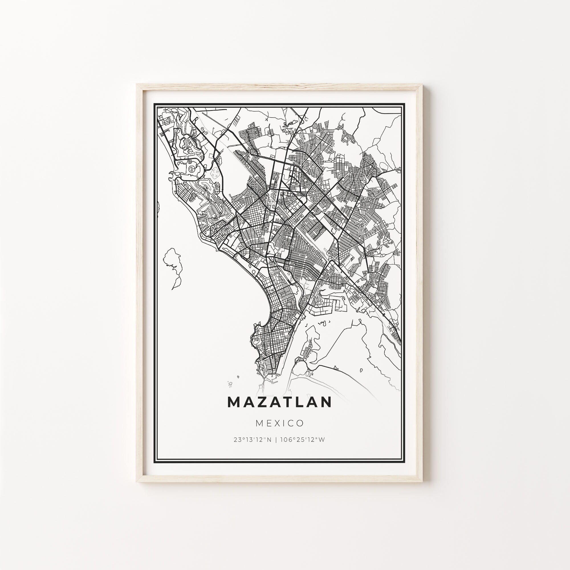 Mazatlan Mexico Map Art Print: Modern Black and White Wall Decor