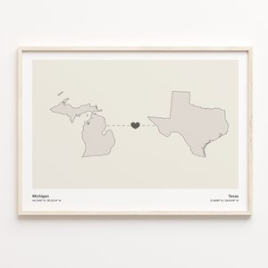 Michigan to Texas Print, Texan Gift, Minimalistic State Connection Map Poster, Travel Wall Art, Global Love Map, C21-1707