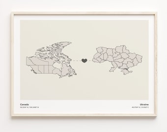 Canada to Ukraine Print, Ugandan Gift, Minimalistic Country Connection Map Poster, Travel Wall Art, International Love, C21-784