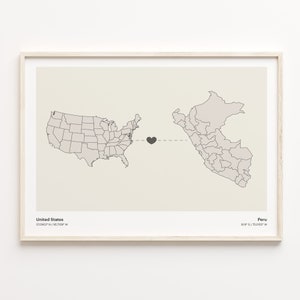 Impressão dos Estados Unidos ao Peru, presente peruano, pôster de mapa de conexão de país minimalista, arte de parede dos EUA, novo mapa de casa, C21-144