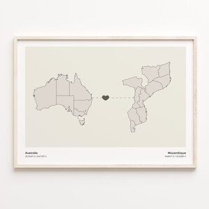 Australien Mosambik Druck, Marokkanisch Geschenk, Minimalistische Landkarte Poster, Reise Wandkunst, Länder Herzkarte, C21-921