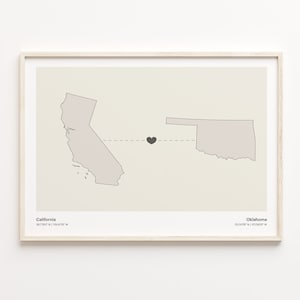 California to Oklahoma Druck, Oklahoma Geschenk, Minimalistische Verbindungskarte Poster, Reise Wandkunst, Neues Zuhause, C21-1231