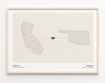 California to Oklahoma Print, Oklahoman Gift, Minimalistic State Connection Map Poster, Travel Wall Art, New Home, C21-1231