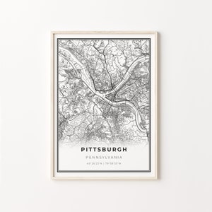 Impressão de Pittsburgh, pôster de arte de mapa da cidade, Pensilvânia PA EUA, decoração de arte de parede, estilo moderno em preto e branco, ideias para presentes de escritório, C13-399