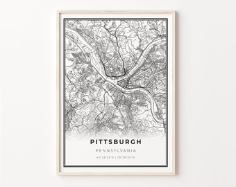 Pittsburgh Print, City Map Art Poster, Pennsylvania PA USA, Wall Art Decor, Modern Black and White Style, Office Gift Ideas, C13-399