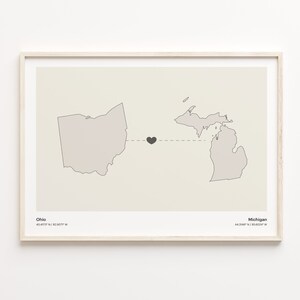 Ohio to Michigan Print, Michigander Gift, Minimalistic State Connection Map Poster, Travel Wall Art, New Home Gift, C21-1529
