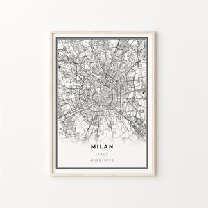 Impressão de Milão, pôster de arte de mapa da cidade, Itália, decoração de arte de parede, estilo moderno preto e branco, mapa da cidade, C13-616