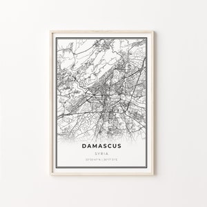 Impressão de Damasco, pôster de arte de mapa da cidade, Síria, decoração de arte de parede, estilo moderno preto e branco, decoração de quarto, C13-713