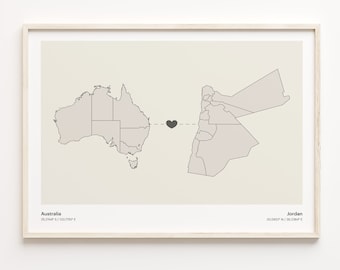 Australia to Jordan Print, Jersey Gift, Minimalistic Country Connection Map Poster, Travel Wall Art, Farewell Journey, C21-888