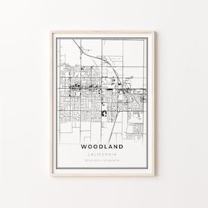 Impressão de floresta, pôster artístico de mapa da cidade, Califórnia CA EUA, decoração de arte de parede, estilo moderno preto e branco, decoração de parede de quarto, C13-377