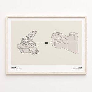 Kanada nach Libyen Druck, liberianisches Geschenk, minimalistisches Landverbindungskartenposter, Reisewandkunst, Reisegeschenk ins Ausland, C21-701