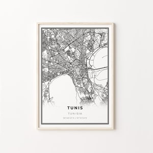 Tunis Print, City Map Art Poster, Tunisie, Wall Art Decor, Modern Black and White Style, Gift Colleague, C13-742