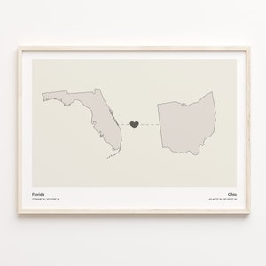 Florida naar Ohio Print, Ohioan Gift, Minimalistische State Connection Map Poster, Travel Wall Art, New Country Gift, C21-1334