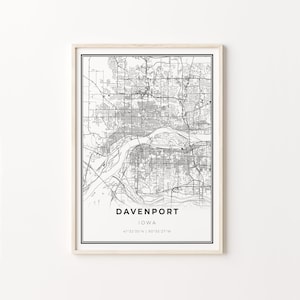 Davenport Print, City Map Art Poster, Iowa IA USA, Wall Art Decor, Modern Black and White Style, Office Wall Prints, C13-75