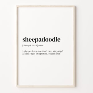Impressão de definição de Sheepadoodle, pôster de dicionário, arte de parede com citações, arte de pai de cachorro, proprietário de Sheepadoodle, presente de proprietário Doq, C17-527