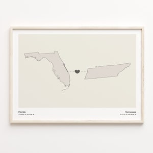 Florida naar Tennessee print, Tennessean gift, minimalistische State Connection kaart poster, kunst aan de muur reizen, vriendschap, C21-1342