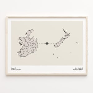 Irland-Neuseeland-Druck, Neukaledonien-Geschenk, minimalistisches Landverbindungskarten-Poster, Reise-Wandkunst, Far Apart, C21-1126