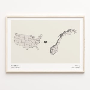 USA to Norway Map Print: Minimalist Country Connection Art