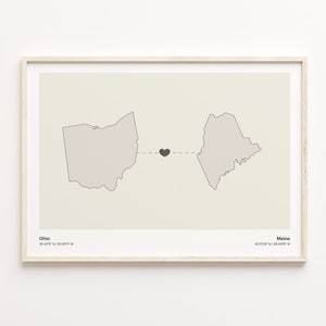 Impression Ohio au Maine, cadeau Mainer, affiche de carte minimaliste de connexion d'état, art mural de voyage, nouvelle maison, C21-1528