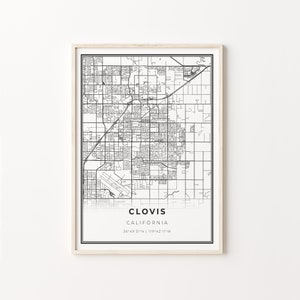 Clovis California Map Art Print: Modern Black and White Decor